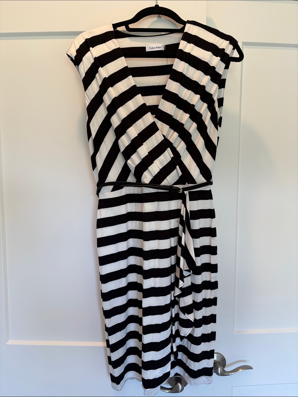 Calvin Klein Black and White Striped Sleeveless Faux-Wrap Midi Dress size 8